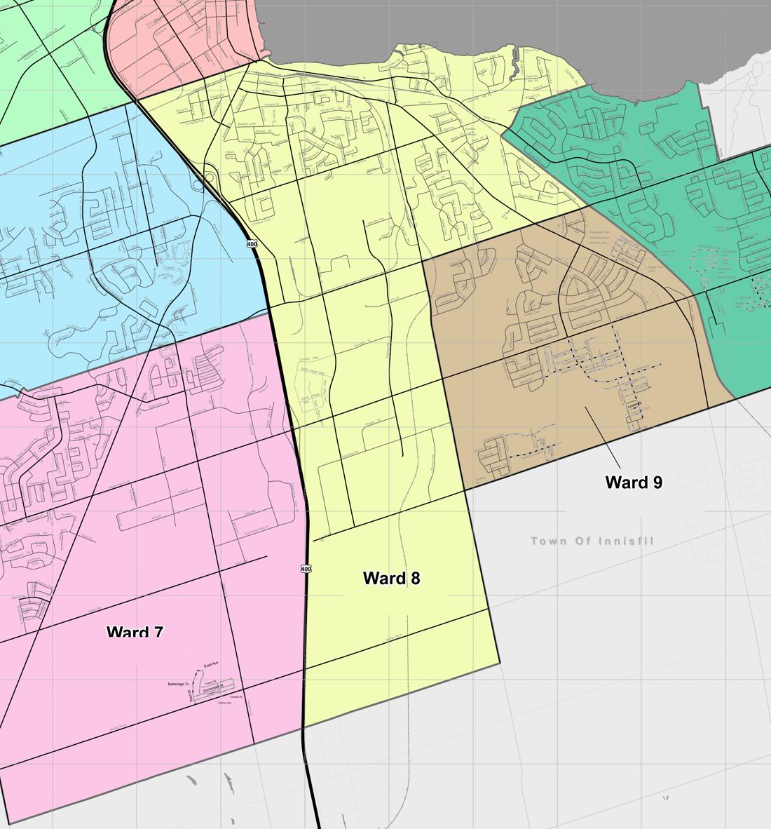 Map of Barrie's southern wards with Ward 8 highlighted in yellow